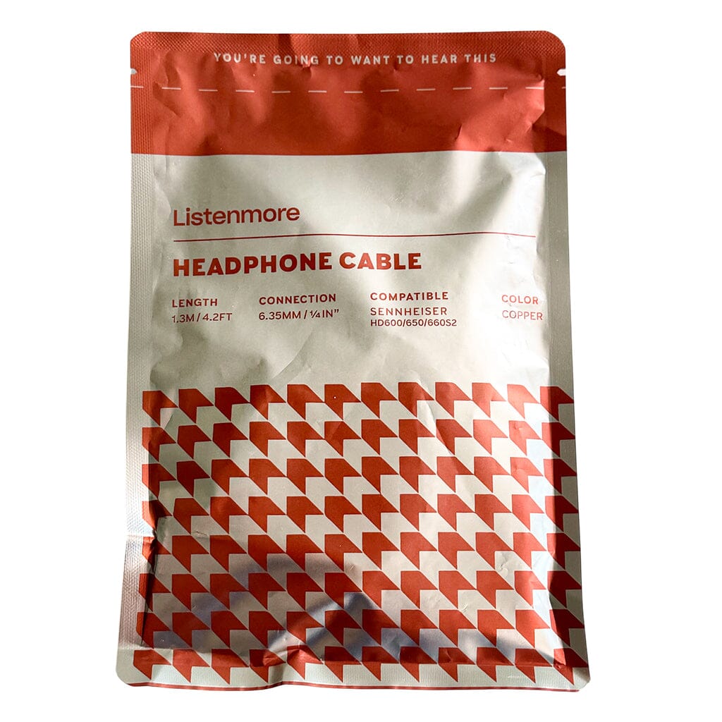 A red and white Listenmore package labeled "Etched Headphone Cable for Sennheiser HD 600 Series," copper color, 1.3m/4.2ft long with dual-pin connectors and 6.35mm (1/4in) plug, compatible with Sennheiser HD 600/650/660S2.