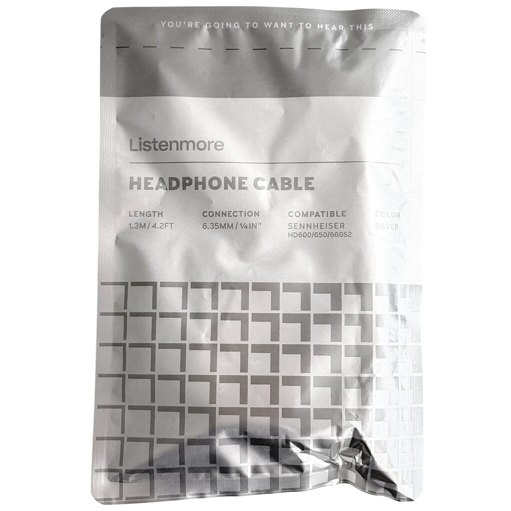 A silver Listenmore Etched Headphone Cable for Sennheiser HD 600 series features dual-pin connectors, a 6.35mm (1/4in) plug, 1.3m (4.2ft) length, and a geometric design at the bottom.