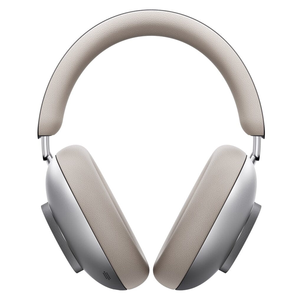 The Loewe Leo Wireless Headphones by Loewe feature a beige cushioned headband and ear cups, a sleek modern design with silver accents, and adaptive noise cancellation for an immersive listening experience.