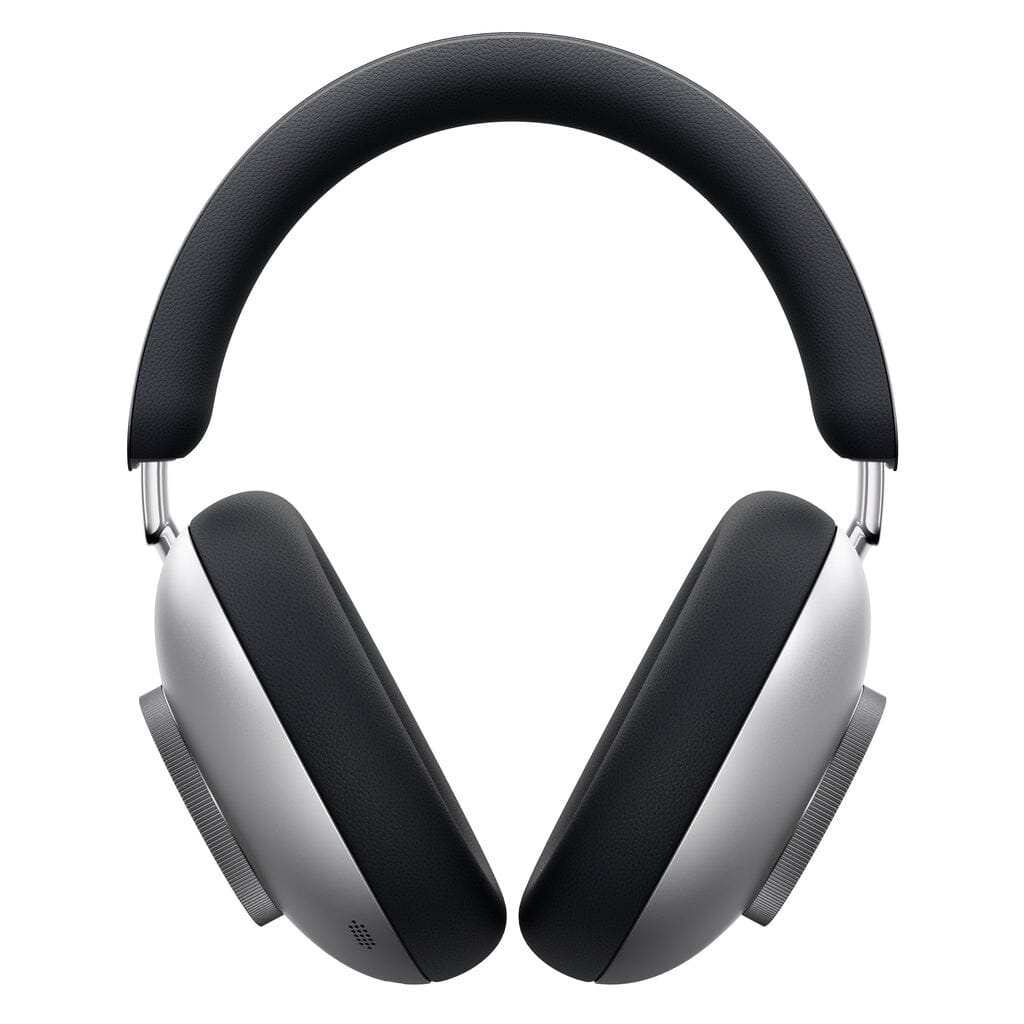 Introducing the Loewe Leo Wireless Headphones by Loewe—sleek, over-ear premium wireless headphones with black cushioned ear pads and a matte silver frame, featuring adaptive noise cancellation, shown from the front against a white background.
