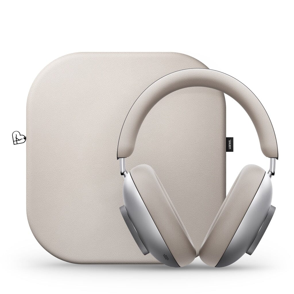 The Loewe Leo Wireless Headphones by Loewe, featuring adaptive noise cancellation and padded beige ear cups, are displayed in front of a matching beige carrying case on a white background.