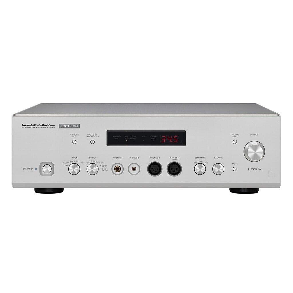 The Luxman P-100 Centennial Headphone Amplifier in silver has control knobs, input ports, a power button, and a digital display reading 34.5 on the front. Luxman and Lecua appear on the front panel.