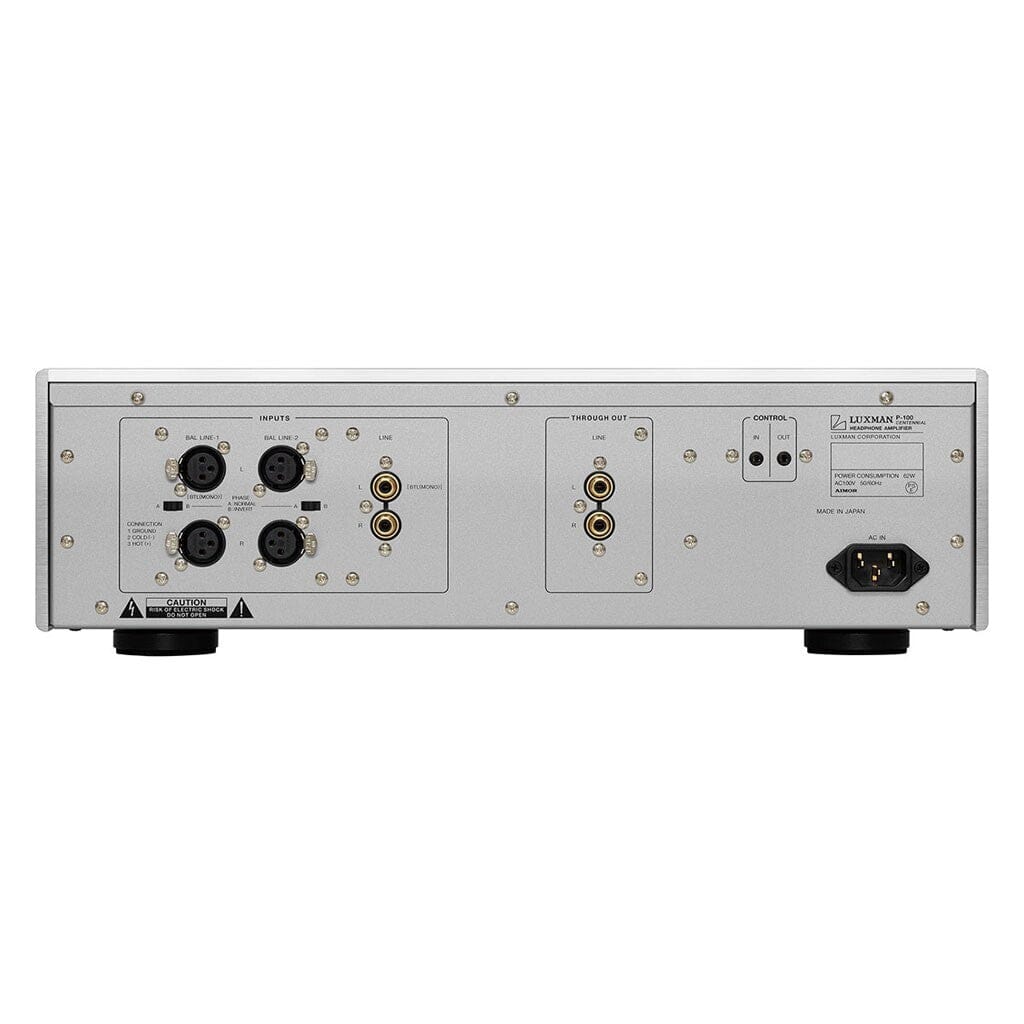 Rear view of the Luxman P-100 Centennial Headphone Amplifier featuring multiple XLR and RCA inputs/outputs, a control port, and power socket—all clearly labeled on its metallic chassis for premium high-fidelity audio by Luxman.