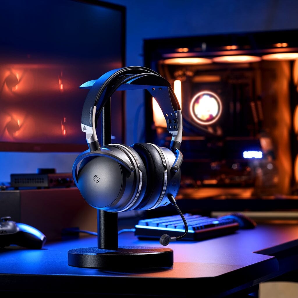 The Audeze Maxwell 2 ANC Wireless Headphones by Audeze, featuring a built-in microphone, rest on a stand atop a desk alongside a keyboard, controller, monitor, and a brightly lit gaming PC in the background. The scene is bathed in blue and orange lighting.