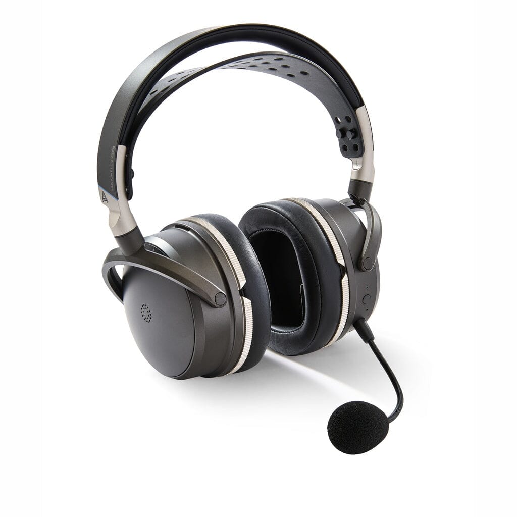 The Audeze Maxwell 2 ANC Wireless Headphones by Audeze are black and silver over-ear wireless gaming headphones, featuring cushioned ear pads, an adjustable headband, and an attached microphone with a foam cover. They come equipped with active noise cancellation technology and are displayed on a white background.
