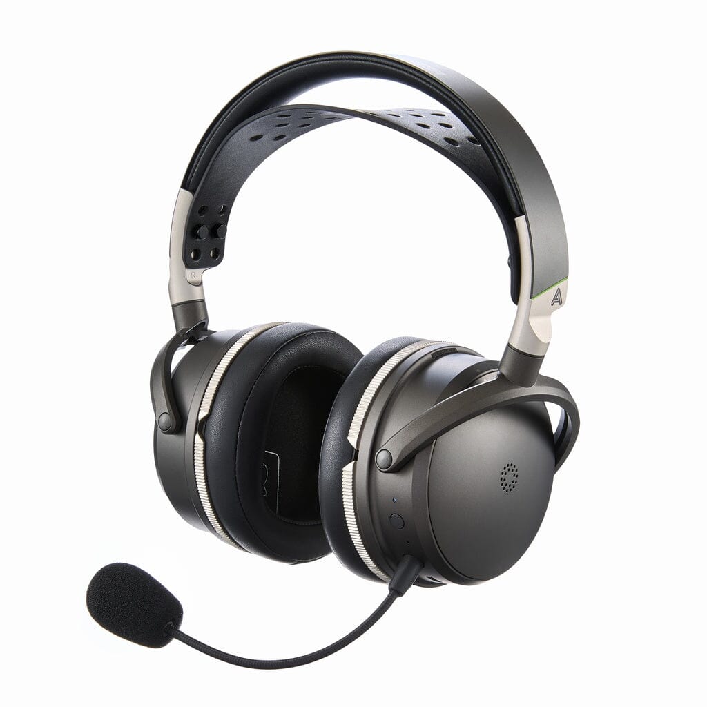 The Audeze Maxwell 2 ANC Wireless Headphones by Audeze are black over-ear wireless headphones featuring a padded headband, an attached boom microphone, and silver accents, displayed against a white background.