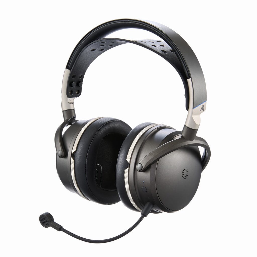 The Audeze Maxwell 2 ANC Wireless Headphones by Audeze are wireless planar magnetic gaming headphones with black cushioned ear pads, an attached microphone, adjustable headband, and metallic accents. They feature active noise cancellation and are shown on a white background.