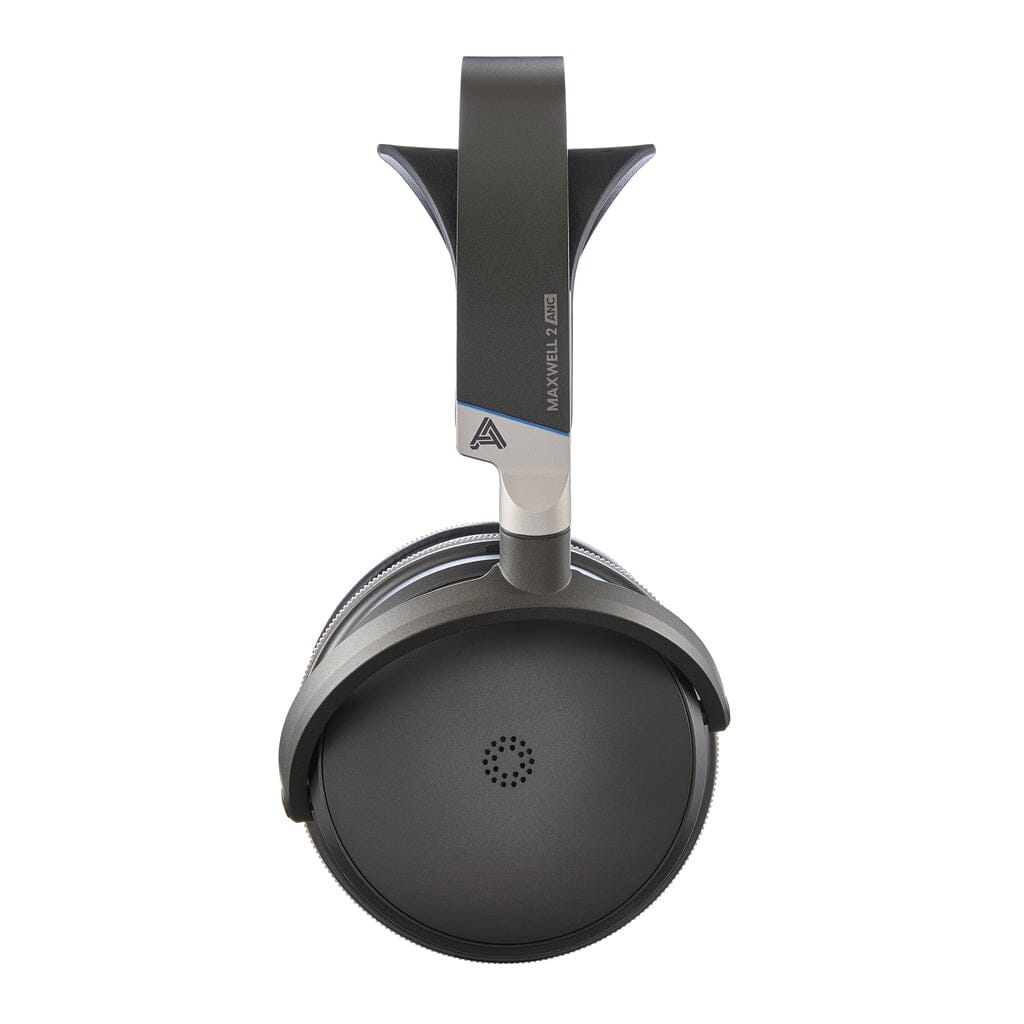Overhead view of a single black Audeze Maxwell 2 ANC Wireless Headphone featuring a grey headband, with the circular ear cup and subtle Audeze logo on the side—crafted as a wireless gaming headset for uninterrupted, high-fidelity audio.
