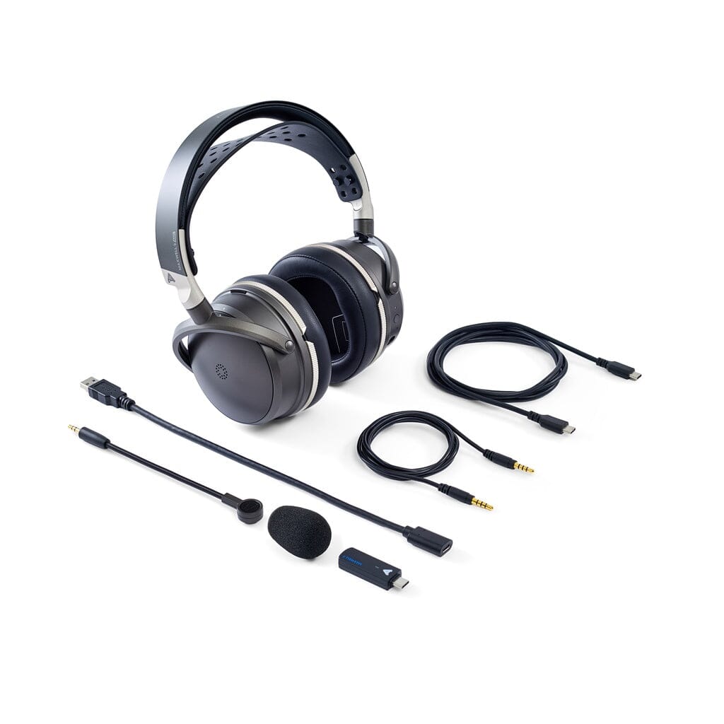 The Audeze Maxwell 2 ANC Wireless Headphones by Audeze are displayed on a white background, accompanied by a detachable microphone, USB adapter, 3.5mm audio cable, USB-C charging cable, and a foam mic cover. These headphones feature active noise cancellation for an immersive listening experience.