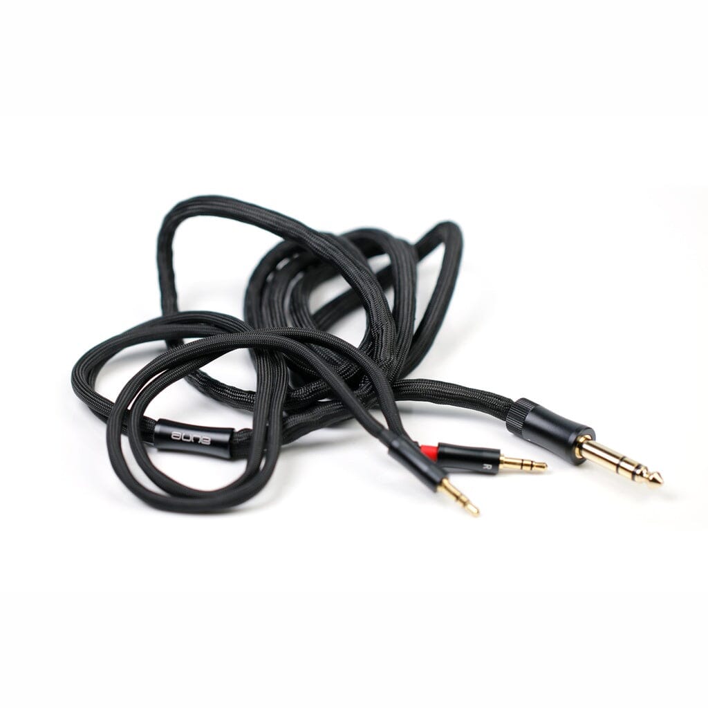 A black braided audio cable with two gold-plated connectors—one large and one small—is coiled on a white background, making it an ideal pairing for the Aune Audio AR9000 headphones or any premium open-back headphone.