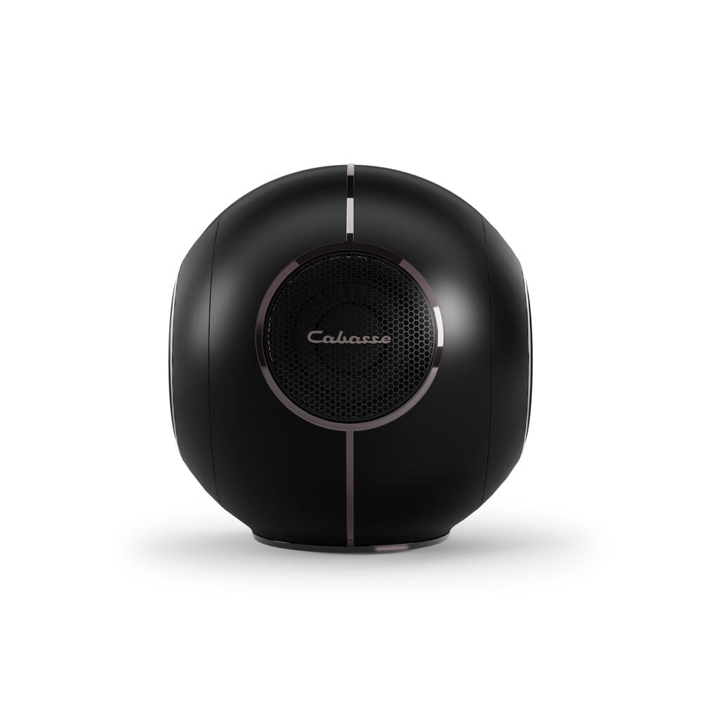The Cabasse The Pearl Myuki Active Speaker is a black, spherical, ultra-compact speaker featuring a mesh front grille with the Cabasse logo at the center, displayed against a plain white background.