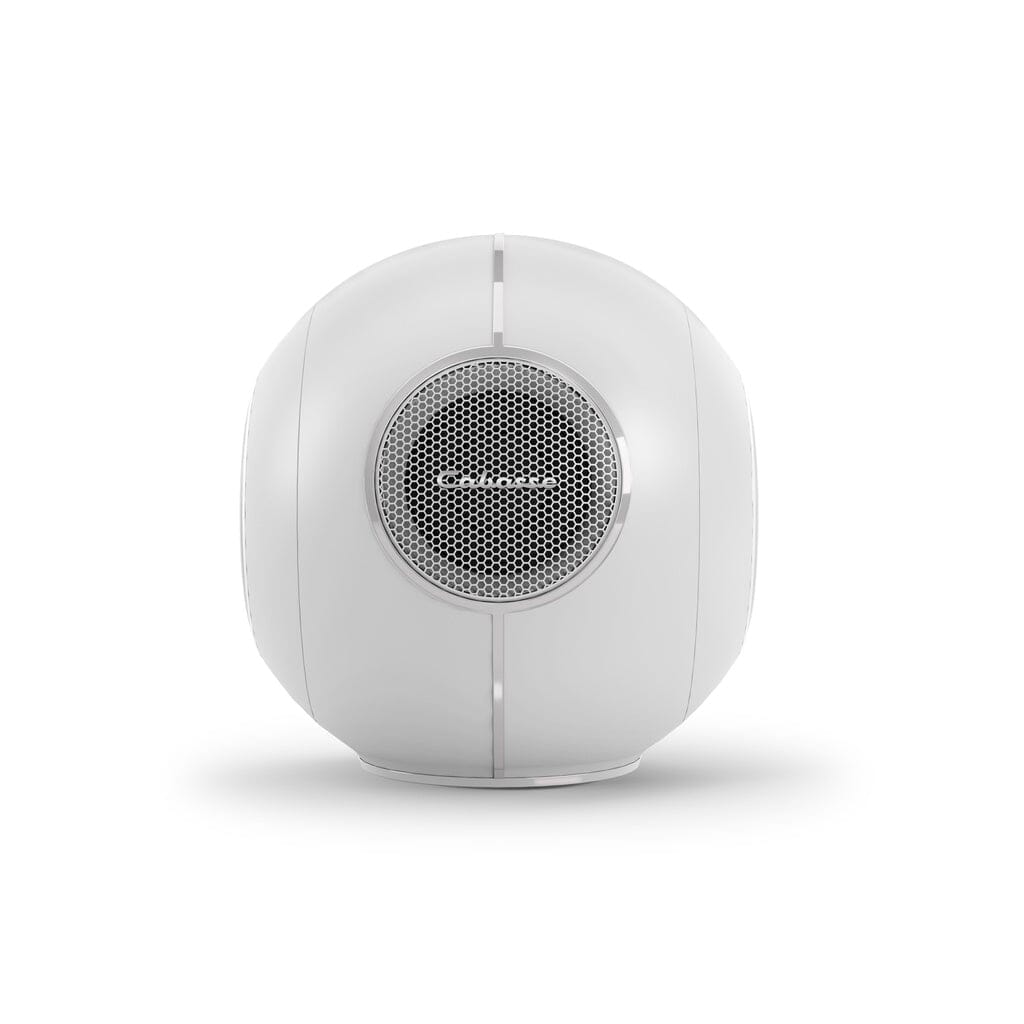 The Cabasse The Pearl Myuki Active Speaker by Cabasse is a white, spherical wireless speaker featuring a metallic mesh grille and powerful sound, shown against a plain white background.