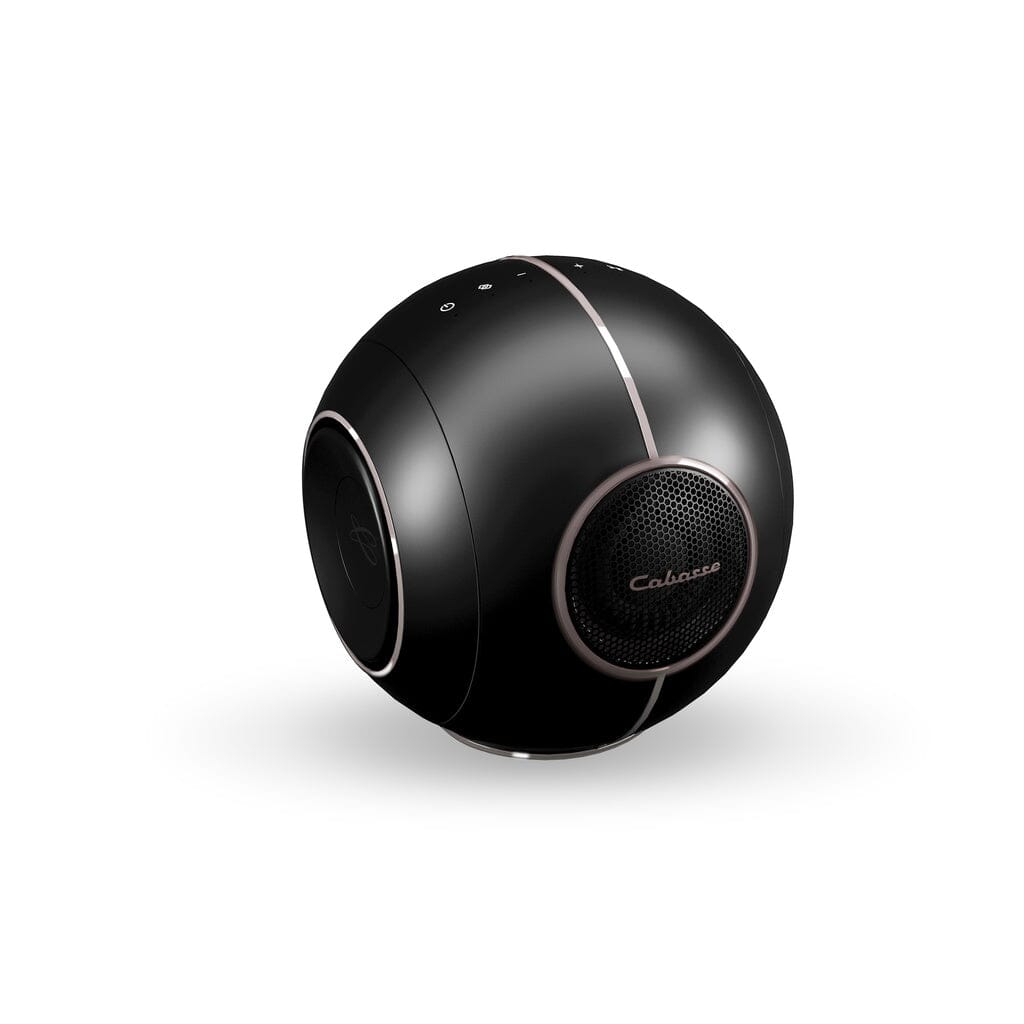 The Cabasse The Pearl Myuki Active Speaker is a sleek, black, spherical high-resolution speaker with silver accents and the Cabasse logo on the front grille, shown on a white background.