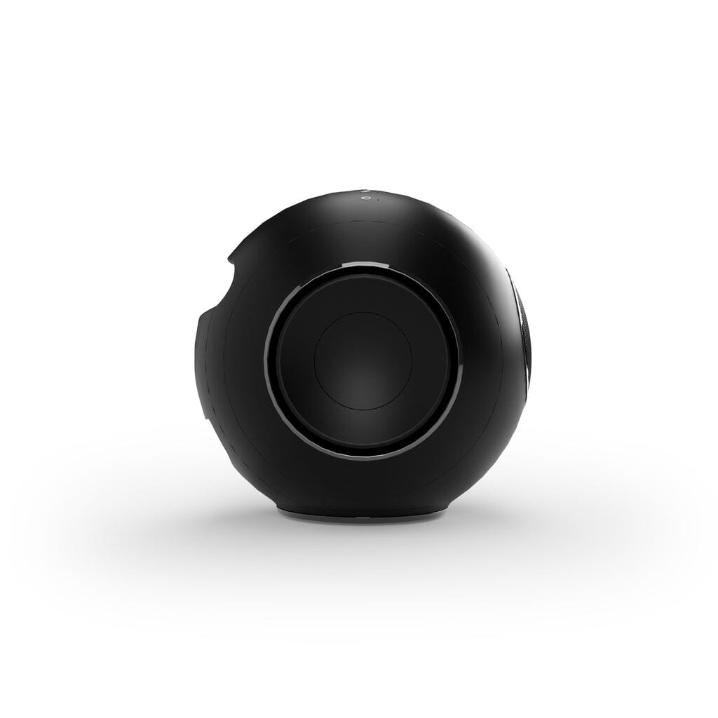 The Cabasse The Pearl Myuki Active Speaker by Cabasse is a black, spherical ultra-compact high-resolution speaker with a smooth, glossy finish and central circular grille, shown against a plain white background.