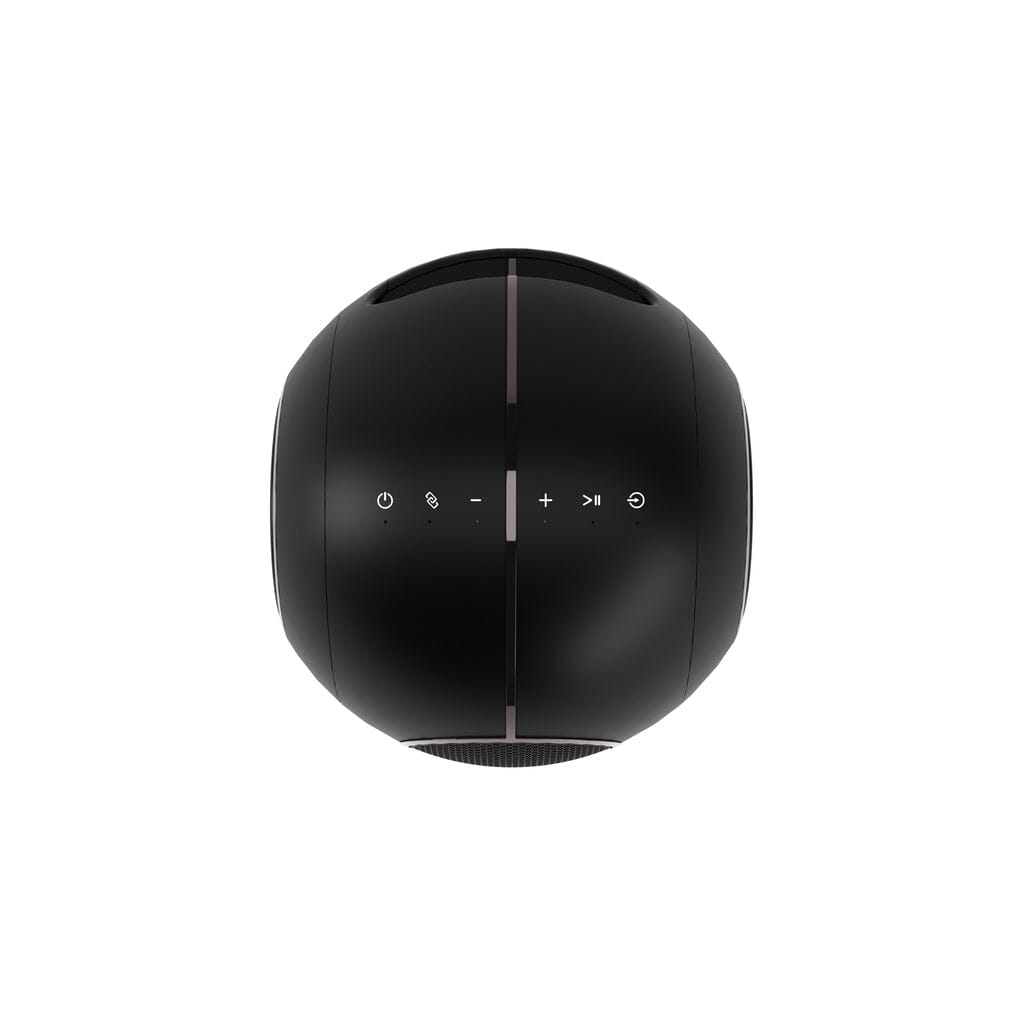 The Cabasse The Pearl Myuki Active Speaker by Cabasse, seen from above in black, features touch controls for power, volume, Bluetooth, play/pause, and microphone on a sleek surface—delivering powerful sound in an ultra-compact design.