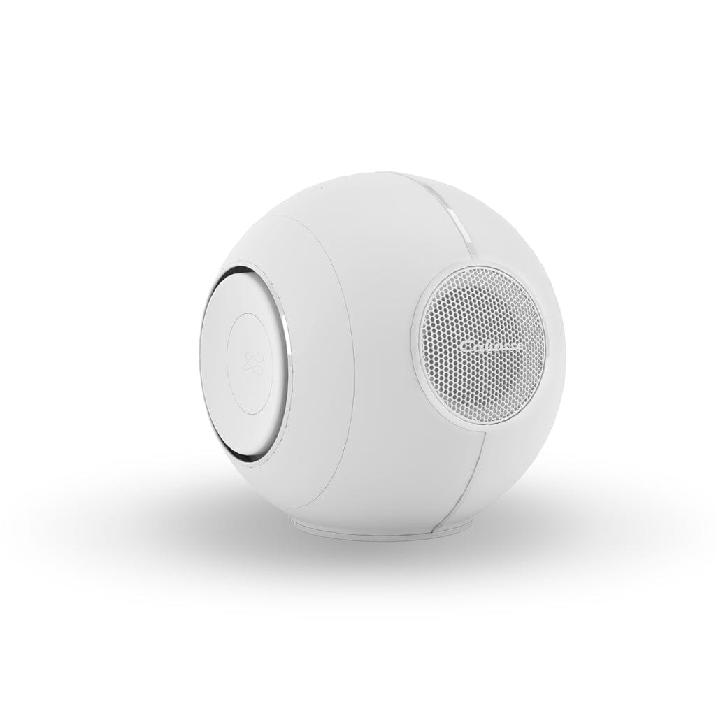 The Cabasse The Pearl Myuki Active Speaker by Cabasse is a sleek, spherical white ultra-compact speaker with a minimalist design, circular grille, and subtle controls, shown against a plain white background.