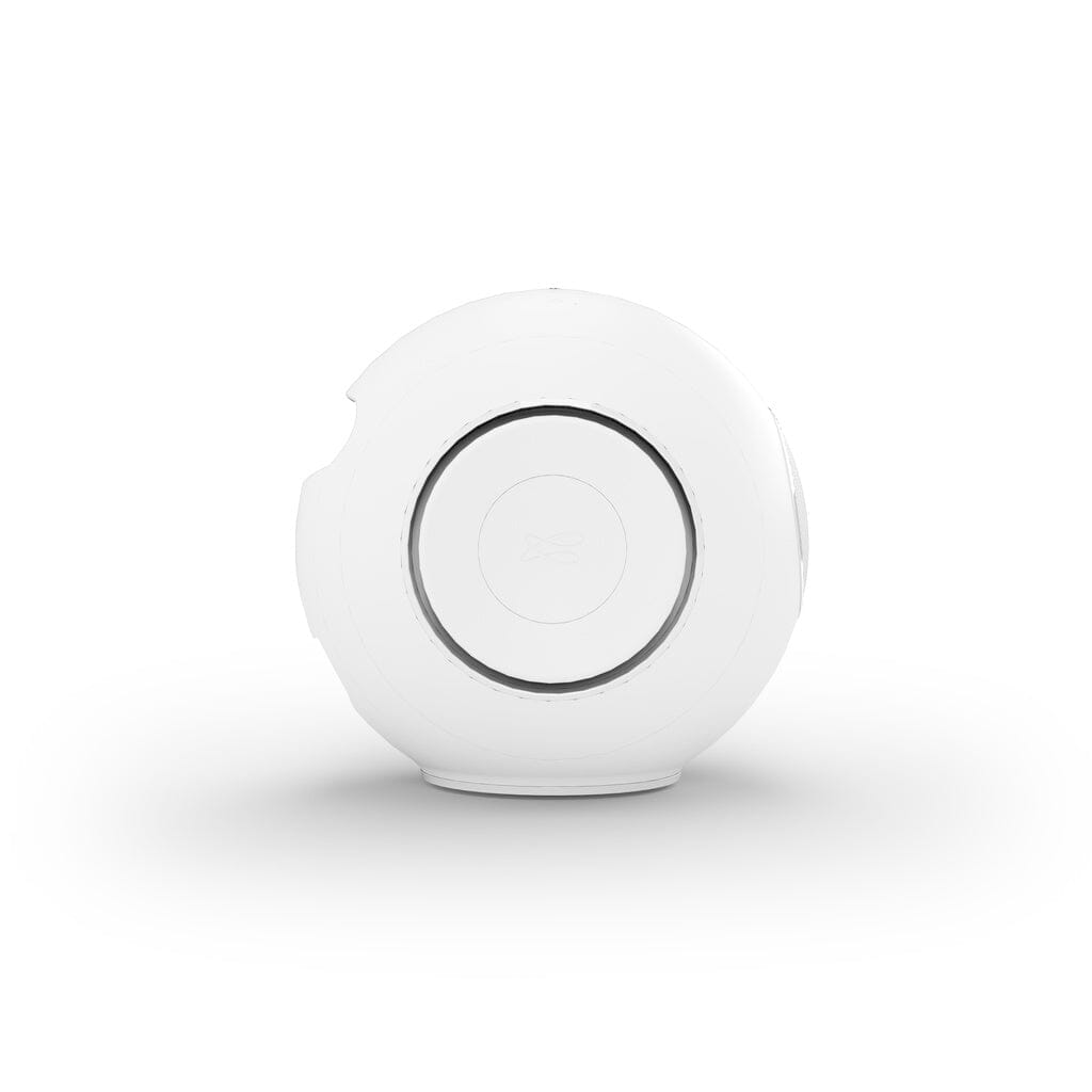 The Cabasse The Pearl Myuki Active Speaker by Cabasse is a modern, white spherical speaker with subtle circular detailing, delivering powerful sound and displayed on a plain white background.