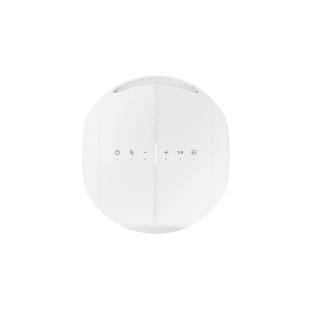 Top view of the Cabasse The Pearl Myuki Active Speaker by Cabasse in white, showcasing inline control buttons for power, Bluetooth, volume, and playback on its surface, delivering powerful sound against a clean white background.