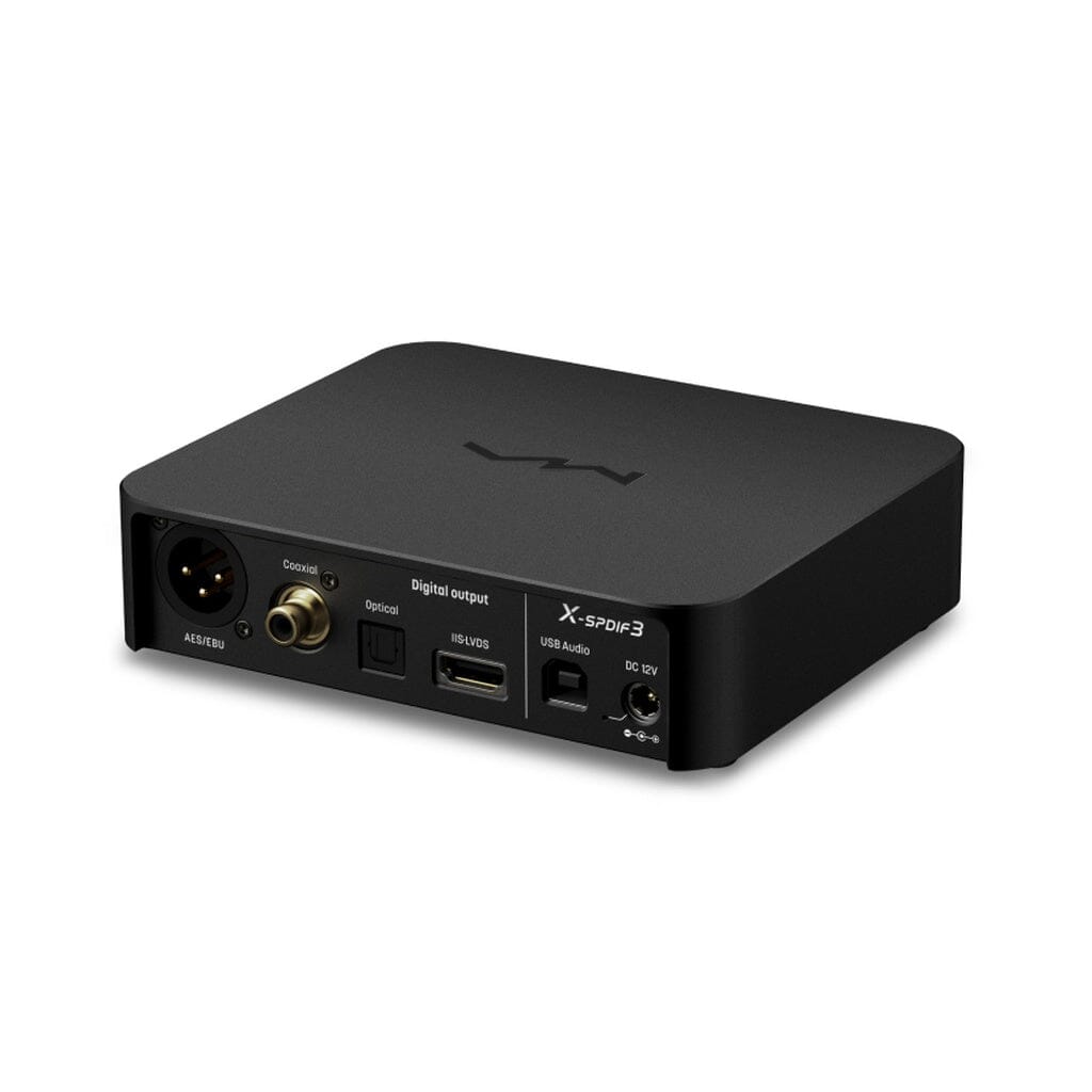 The Matrix Audio X-SPDIF 2 USB Interface by Matrix Audio is a black rectangular device with XLR, coaxial, optical, USB, I2S ports, and power input; it serves as a digital audio converter.
