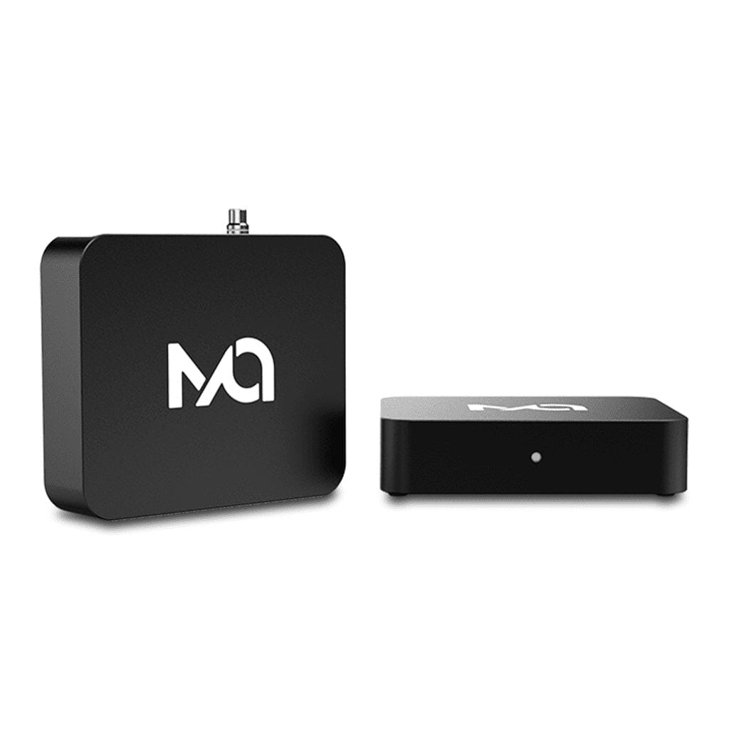 Two black rectangular Matrix Audio X-SPDIF 2 USB Interfaces with rounded edges and a white MA logo on the front; one stands upright, the other lies flat. These devices provide high-res digital output and are now available on clearance.