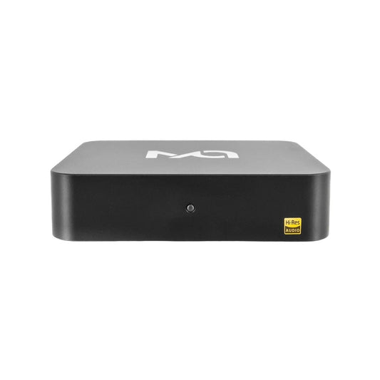 The Matrix Audio X-SPDIF 2 USB Interface by Matrix Audio is a black rectangular device with rounded edges, a white logo on top, front indicator light, and yellow Hi-Res Audio label, delivering high-resolution digital audio output.