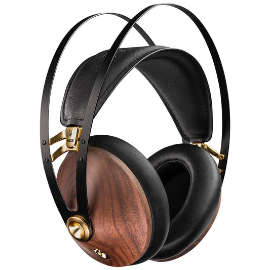 The Meze Audio 99 Classics V2 headphones feature black leather ear pads, walnut-wood ear cups, gold accents, and a black metal headband with a leather strap, offering refined acoustic balance and timeless style.