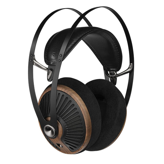The Meze Audio 105 SILVA Headphones by Meze feature black padded ear cups, walnut wood accents, a black metal frame, a leather headband, and a modern design with overlapping metal bands above the headband.