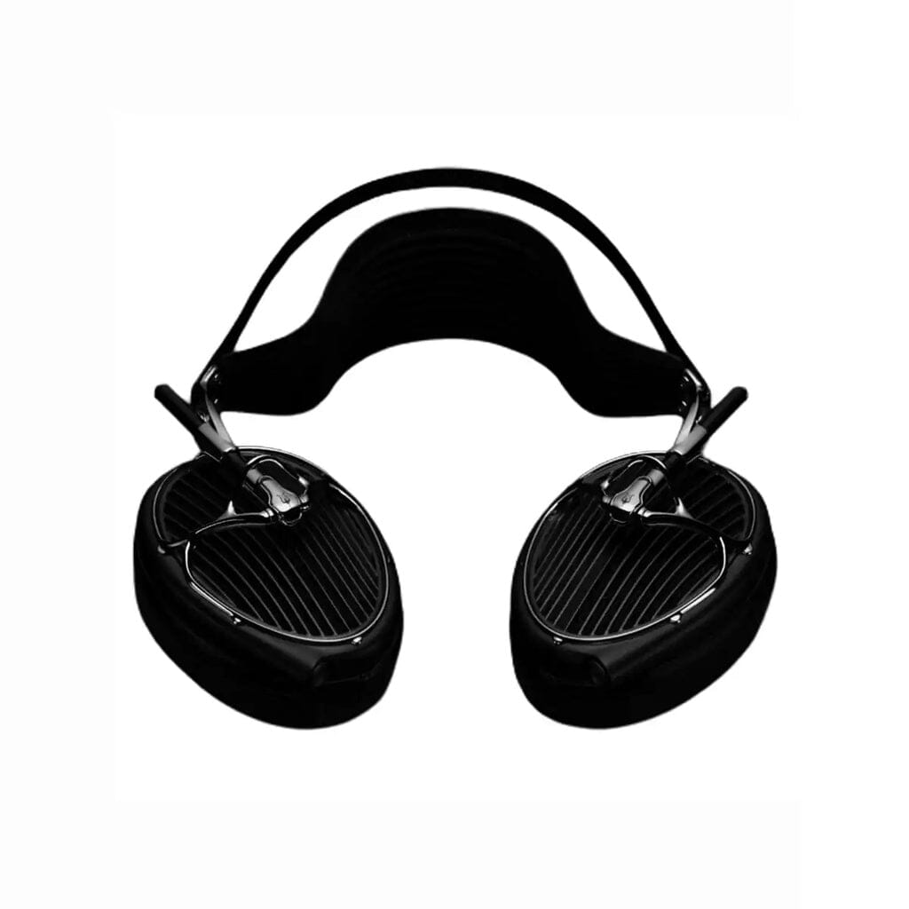The Meze Audio ARTA Headphones by Meze feature a modern, angular design in sleek black with open-back earcups and a wide, cushioned headband, shown from above against a white background.