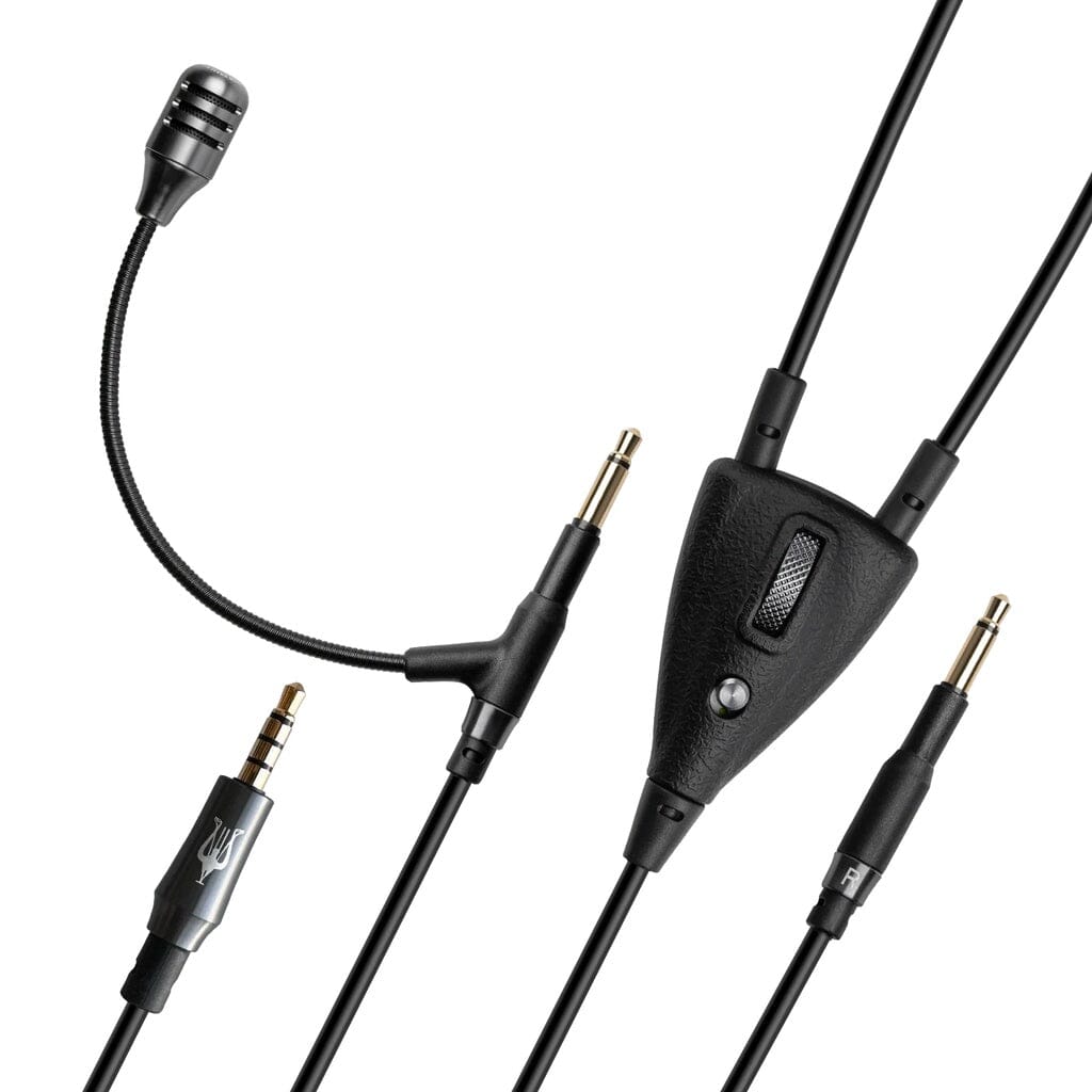 The Meze Audio Boom Mic by Meze is a black gaming headset cable with a detachable boom mic, two gold-plated 3.5mm plugs, a button control module, and an extra silver connector, shown on a white background.