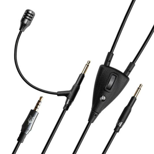 The Meze Audio Boom Mic by Meze is a black gaming headset cable with a detachable boom mic, two gold-plated 3.5mm plugs, a button control module, and an extra silver connector, shown on a white background.