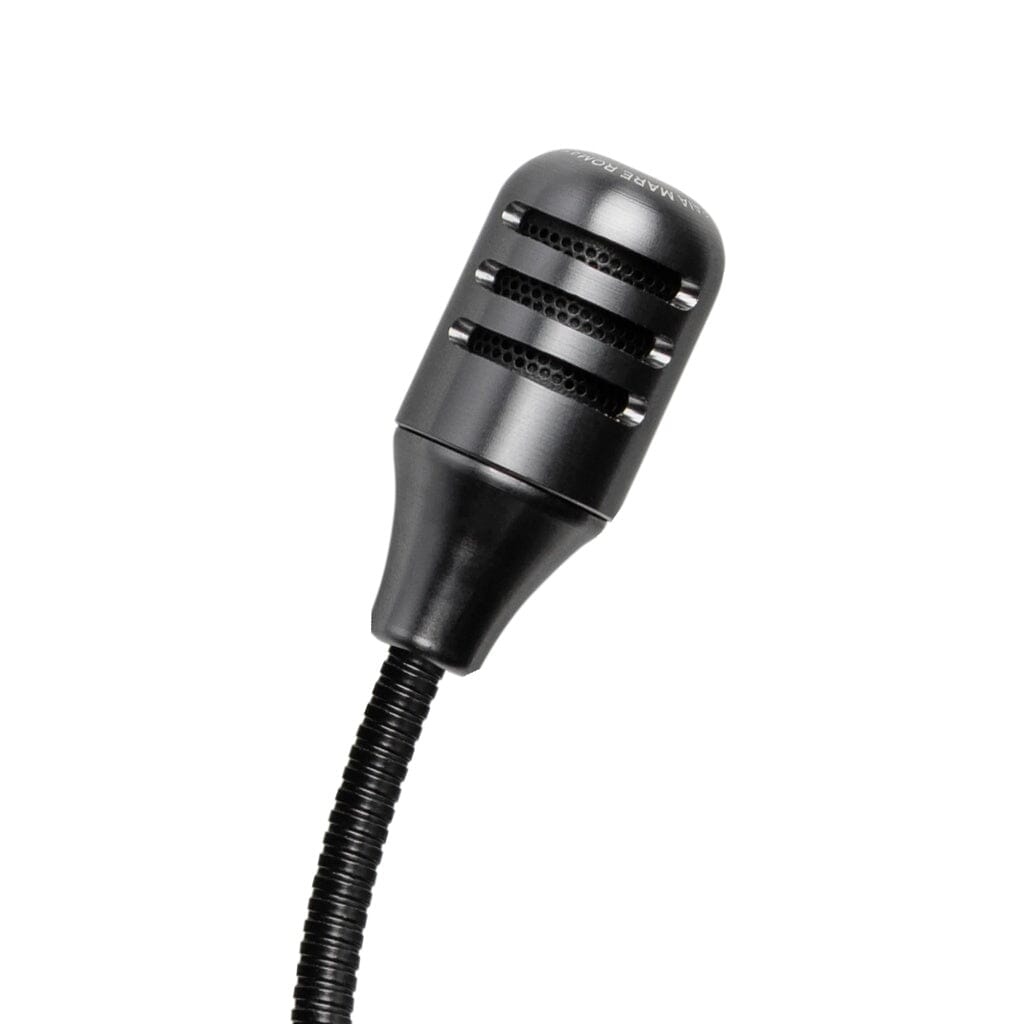A close-up of the Meze Audio Boom Mic by Meze, a black vintage-style microphone with a flexible ribbed stand, shown isolated on a white background.