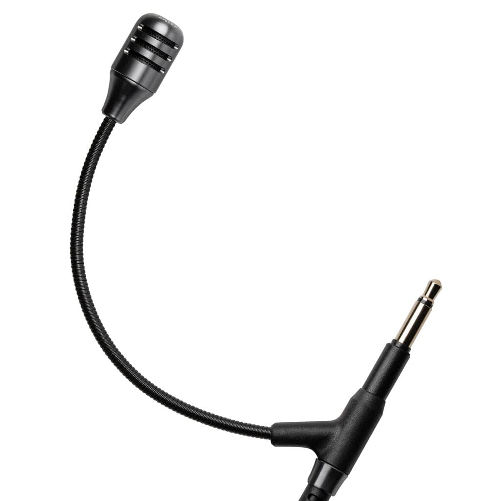 A close-up of the Meze Audio Boom Mic by Meze, a black gooseneck microphone with a 3.5mm audio jack, ideal as a detachable mic for gaming headsets, isolated on a white background.