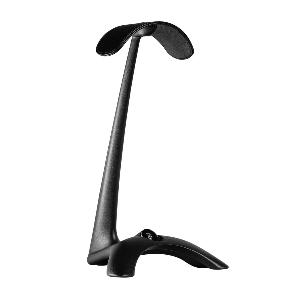 The Meze Audio Manta Headphone Stand by Meze is a black, premium stand with a tall curved support, wide base, protective headrest, and built-in cable management to keep your headphones secure and your setup tidy.