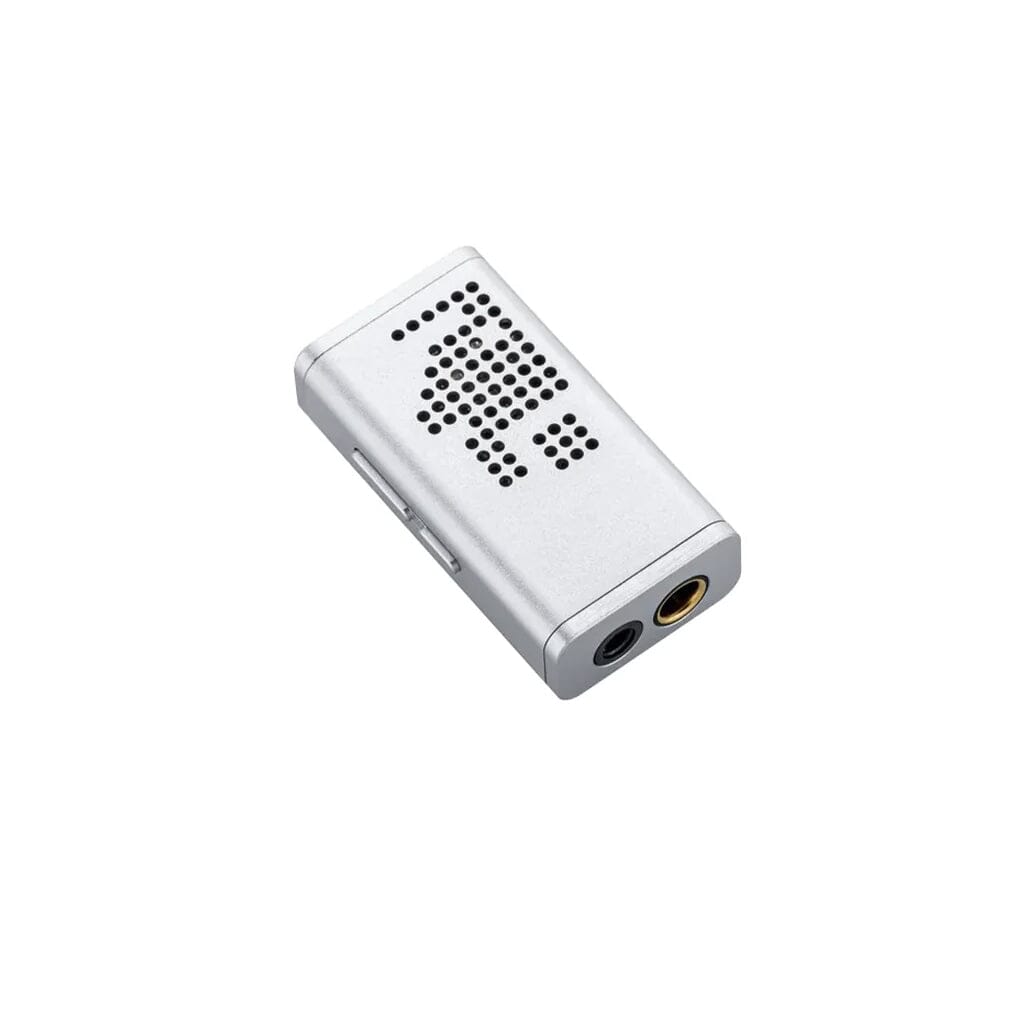 The Moondrop Dawn Pro Portable DAC and Headphone Amp by Moondrop is a compact silver device with two audio ports and patterned vent holes on top, designed for high-resolution audio. It is shown against a plain white background.