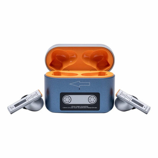 The Moondrop Golden Ages True Wireless In-Ear Headphones by Moondrop are shown in front of an open grey and orange charging case with orange-lined compartments. These earbuds feature active noise canceling.