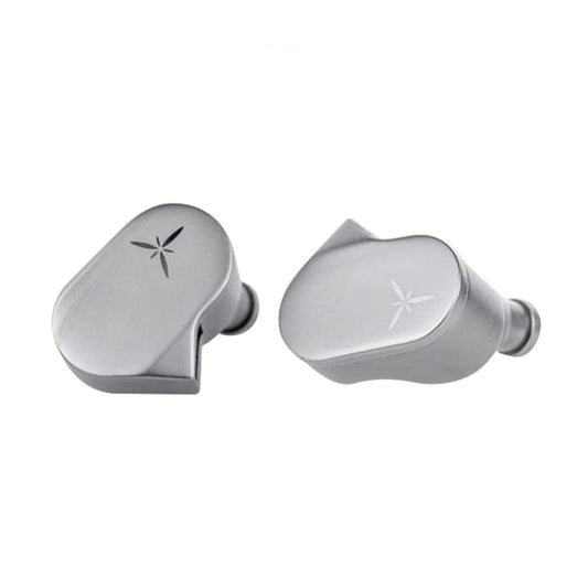 The Moondrop LAN In-Ear Headphones - Clearance by Moondrop are silver wireless earbuds featuring a minimalist design and engraved star-shaped patterns on the outer surface.