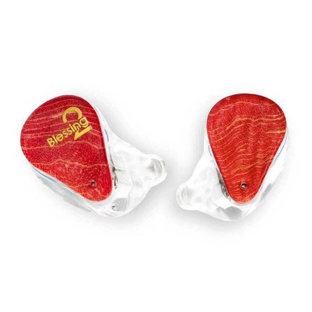 Two clear Moondrop Blessing 2 In-Ear Headphones by Moondrop feature red wooden faceplates with a natural wood grain and “Blessing 2” in yellow, combining stylish design and high-fidelity sound.