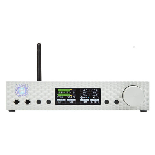 The Mytek Digital Brooklyn Bridge Streamer, DAC, and Headphone Amp (Open Box) features a textured white front, small display, large right knob, two left ports, and a rear left black antenna for high-resolution streaming.
