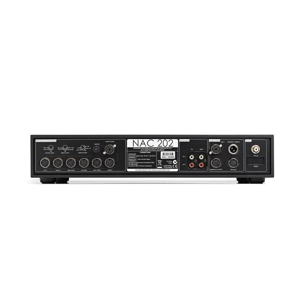 Rear view of the Naim NAC 202 Analog Stereo Preamplifier - Open Box - Clearance, displaying a range of input and output ports, including DIN and RCA connectors, power input, and clearly labeled connections. The image also highlights the star-earthed circuit boards featured by Naim, which contribute to the exceptional audio clarity of this preamplifier.