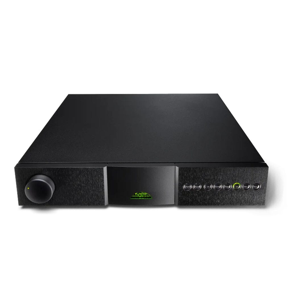 The Naim NAC 202 Analog Stereo Preamplifier - Open Box - Clearance features a sleek black design with a prominent knob on the left, a centralized green LED display, and small control buttons with LED indicators neatly arranged on the right, all showcased against a white background. Engineered by Naim, this preamplifier boasts precision star-earthed circuit boards to ensure exceptional sound quality and minimal interference.