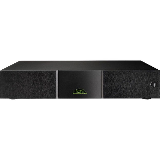 The Naim NAP 250-DR is a black rectangular 2-channel, 80W power amplifier with a central logo and right-side button, shown on a white background. Features Statement Technology for outstanding hi-fi performance. Open Box - Clearance.