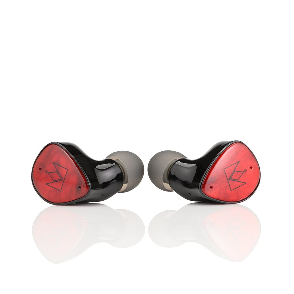 The Noble Audio FoKus Amadeus True Wireless In-Ear Headphones feature glossy black shells, red marbled faceplates with a crown logo, and a dynamic driver for rich sound. The earbuds are shown side by side on a reflective white surface.