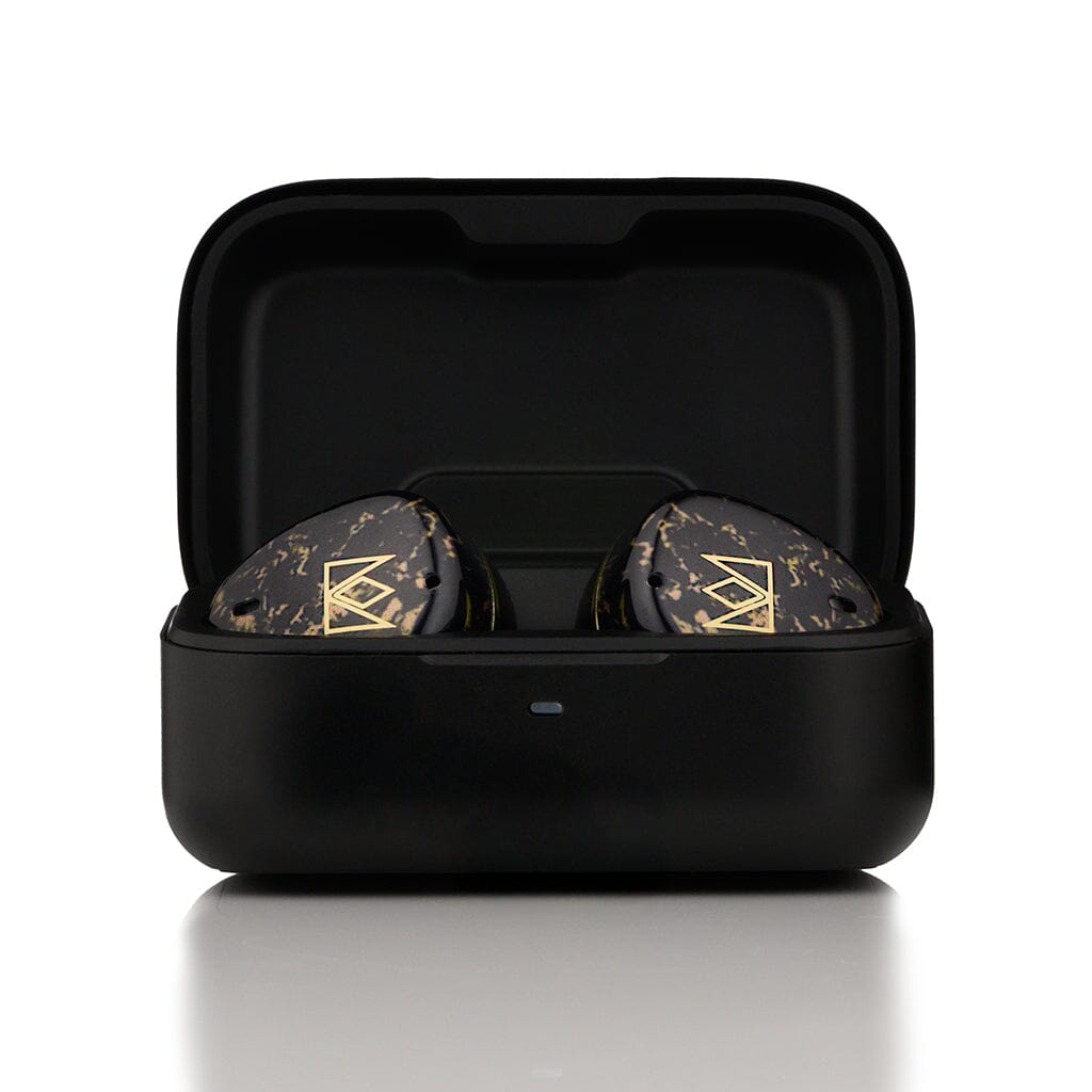 A pair of Noble Audio FoKus Rex5 True Wireless In-Ear Headphones with gold accents sits in an open, matching charging case, displayed on a white background.