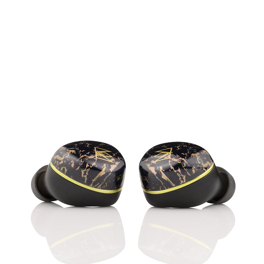 A pair of Noble Audio FoKus Rex5 True Wireless In-Ear Headphones by Noble Audio, with a black and gold marble finish and gold trim, are set side by side on a reflective white surface.