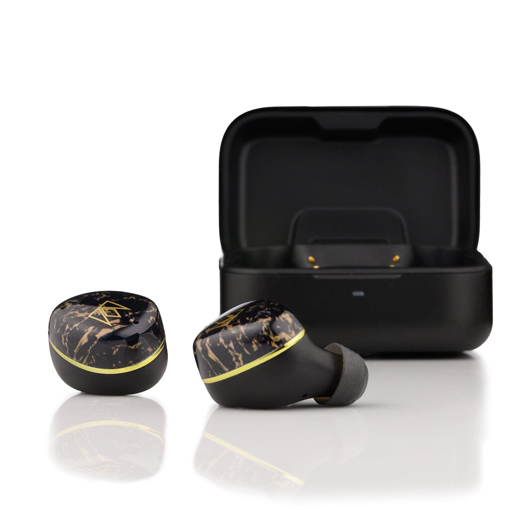 Two black Noble Audio FoKus Rex5 True Wireless In-Ear Headphones with gold marble accents are displayed in front of an open black charging case on a white surface.