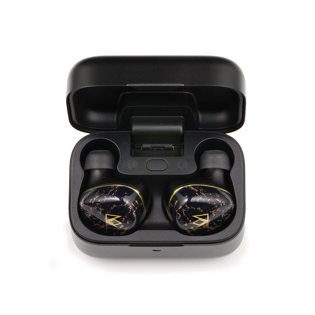 A pair of Noble Audio FoKus Rex5 True Wireless In-Ear Headphones with gold marble accents sits in an open black charging case, viewed from above on a white background.