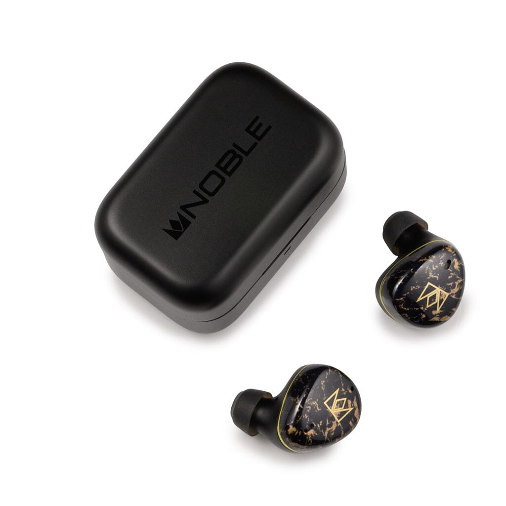 A pair of Noble Audio FoKus Rex5 True Wireless In-Ear Headphones with a black and gold marbled design are shown next to a black Noble-branded charging case on a white background.