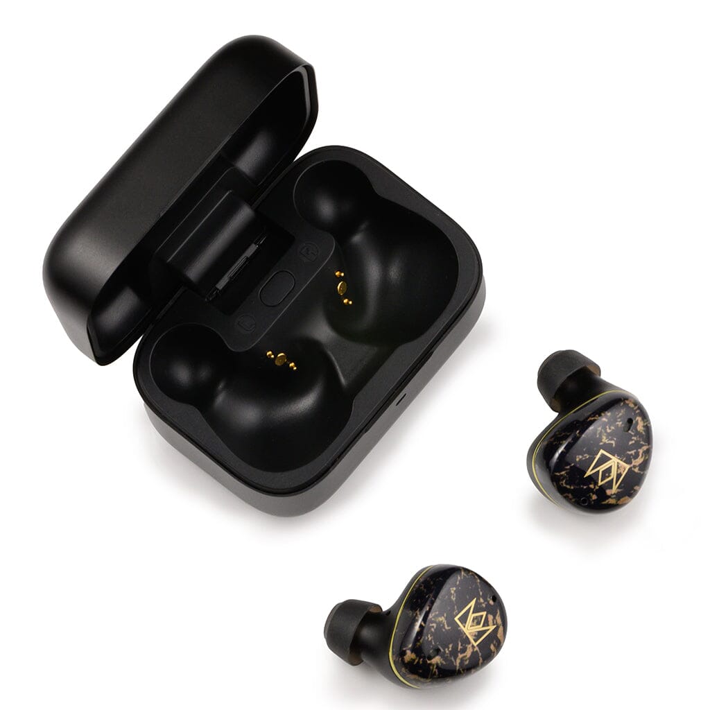 A pair of Noble Audio FoKus Rex5 True Wireless In-Ear Headphones with black and gold accents rest beside their open black charging case on a white surface.