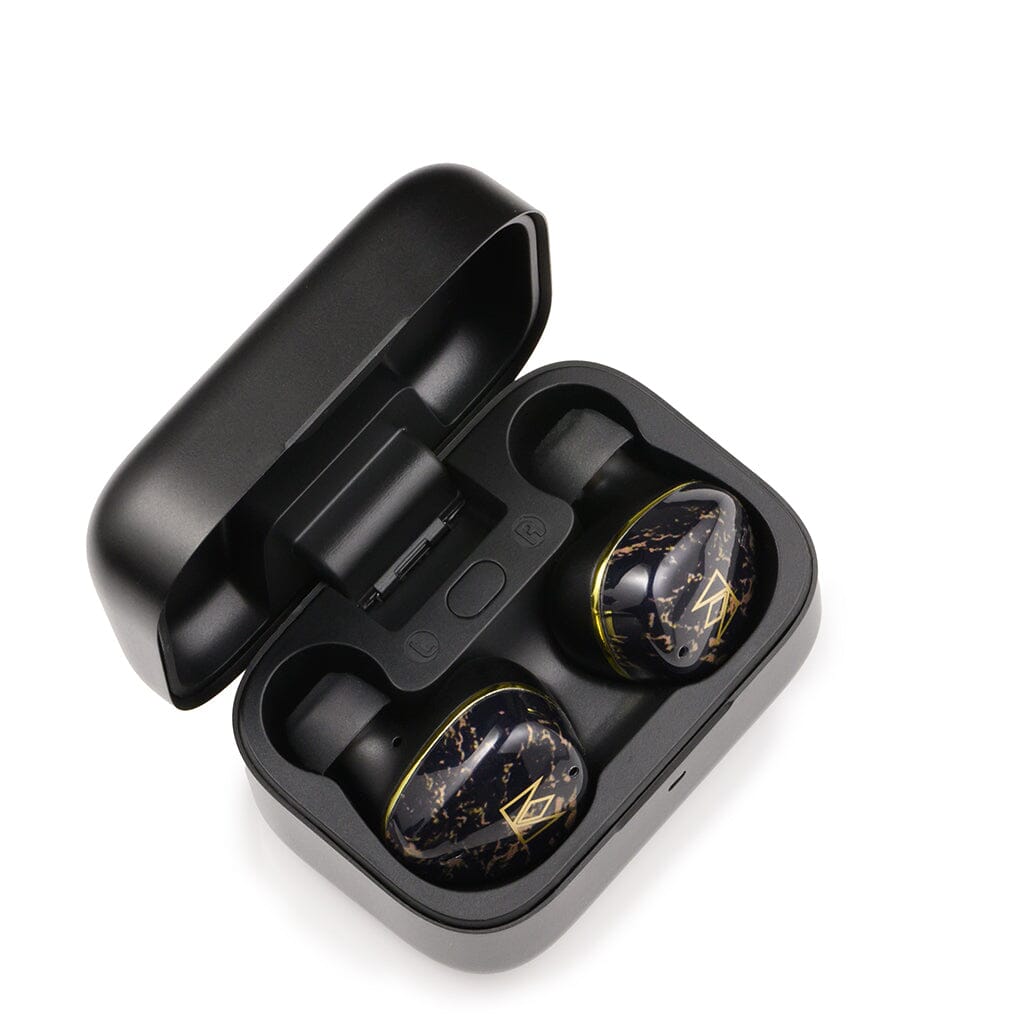 A pair of Noble Audio FoKus Rex5 True Wireless In-Ear Headphones with gold accents sits in an open black charging case, displayed against a white background.