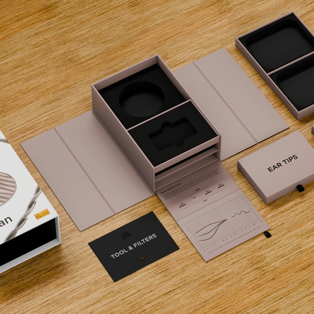 A neatly arranged unboxing of the 64 Audio Ocean In-Ear Headphones by 64 Audio features a beige box with organized compartments, foam inserts, a dedicated EAR TIPS box, a TOOL & FILTERS card, and an instruction card displaying a graph—all set on a wooden surface—emphasizing the premium presentation and innovative hybrid driver design of this flagship universal IEM.